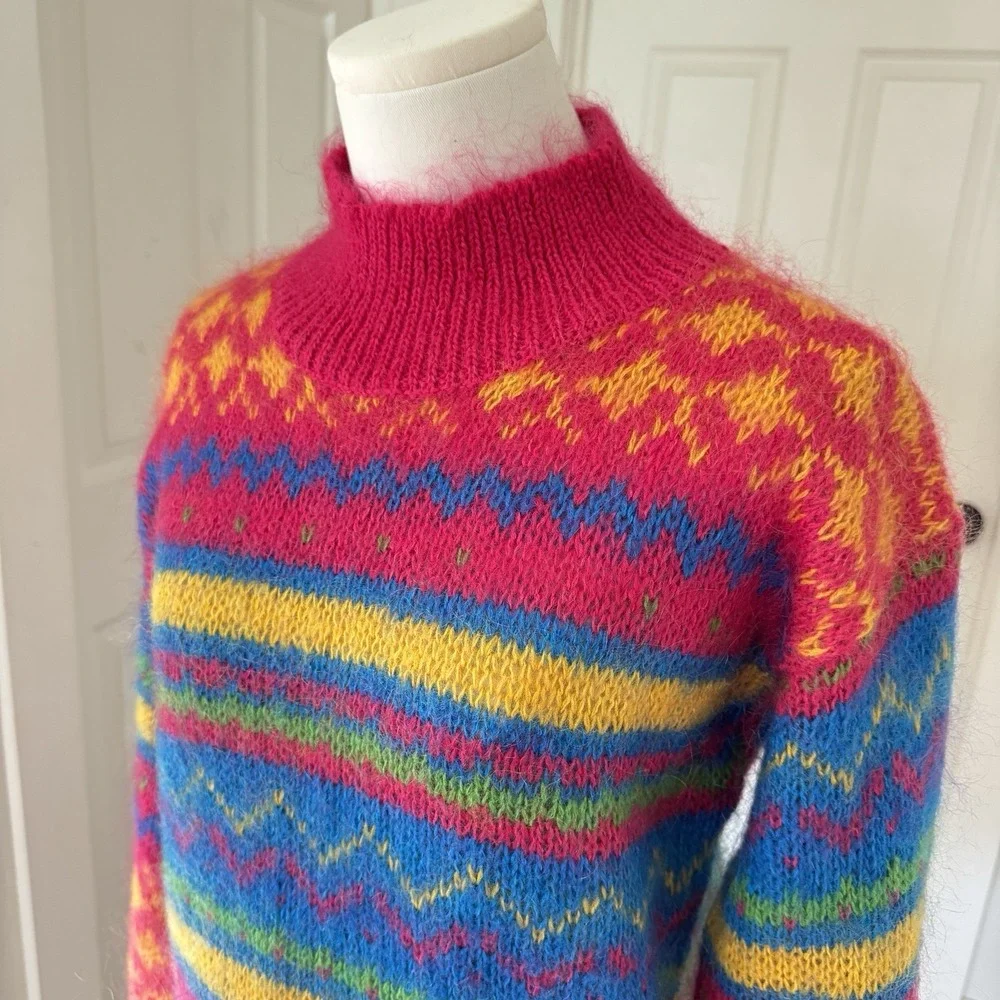 Vtg 80s Pink Mohair Sweater Mock Neck Sz‎ S Bright Colorful Neon Xmas Holiday